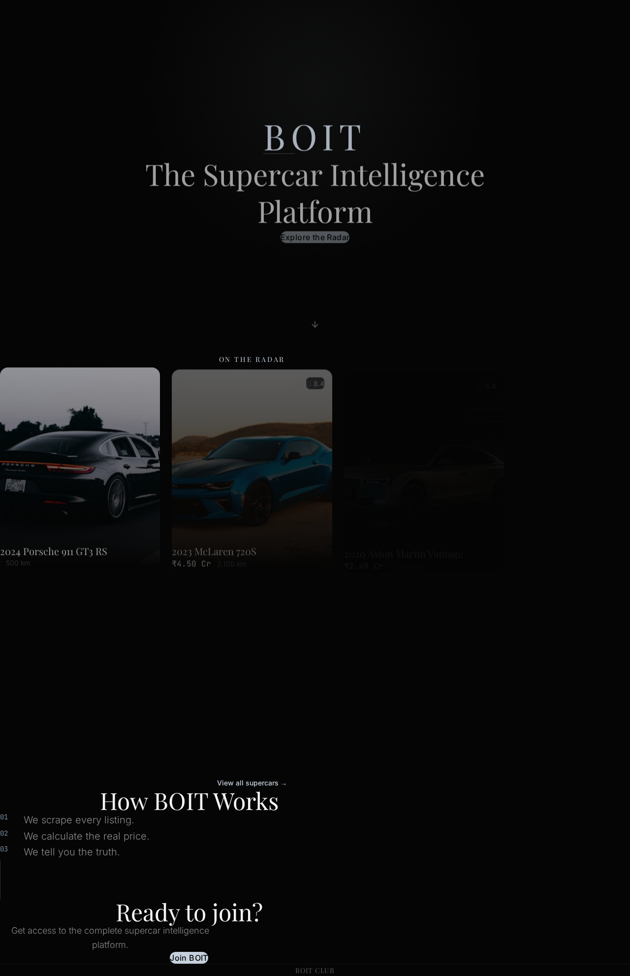 BOIT Landing — Supercar listings and market overview